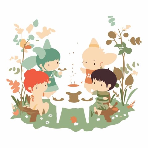 Illustration of children drinking tea in the garden.