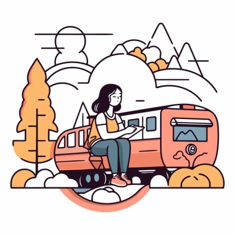 Vector thin line art illustration of woman traveler sitting on t