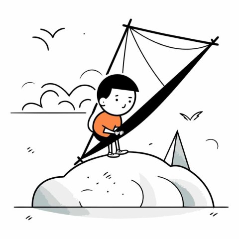 Cartoon little boy riding a kite on a hill.