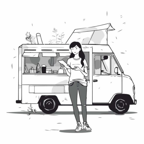 Young woman standing near a food truck in sketch style.