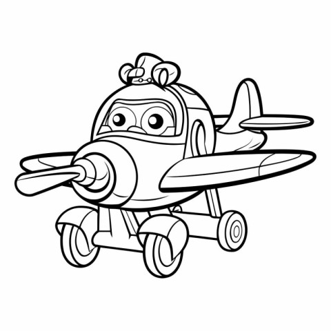 Black and White Cartoon Illustration of Cute Airplane Character