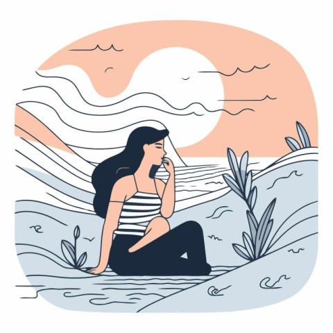 Vector illustration of a girl sitting on the beach in the evenin