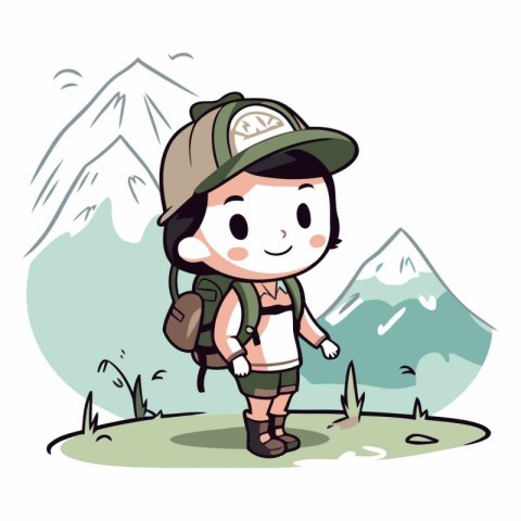 Boy scout with backpack and hat in the mountains.