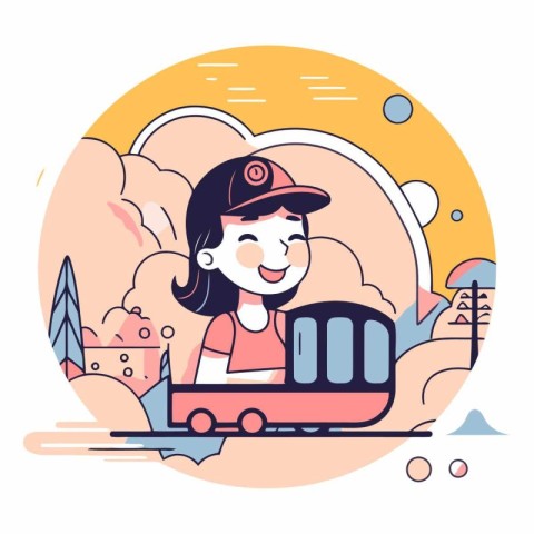 Vector illustration of a cute girl riding a train in the park.