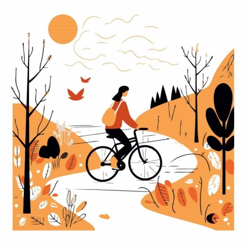 Vector illustration of a woman riding a bicycle in the autumn fo