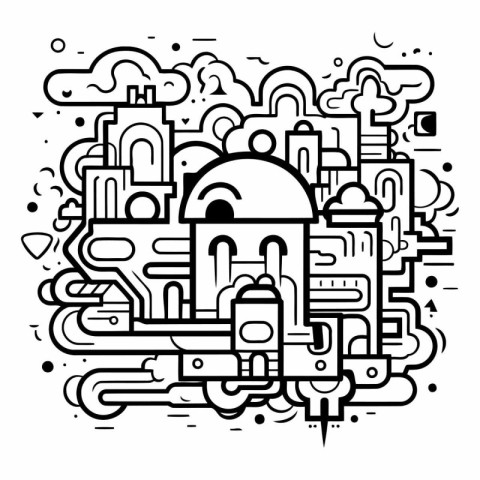 Vector illustration of a doodle drawing of a city in a linear st