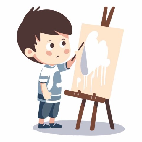 Cute little boy painting a picture on easel vector Illustration