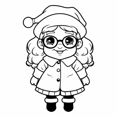 Black and White Cartoon Illustration of Cute Little Girl in Wint