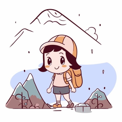 Cute little girl hiking in mountains. Cute little girl with back