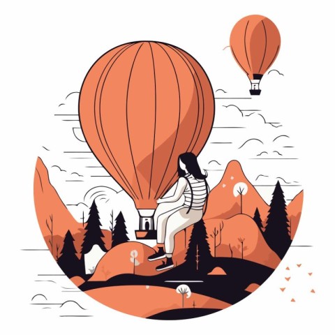 Girl with hot air balloon in the mountains in flat style