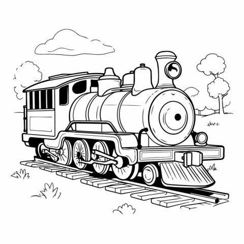 Steam locomotive on the rails in black and white colors.