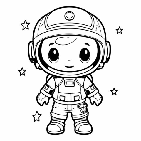 Cute astronaut boy cartoon. Black and white vector illustration