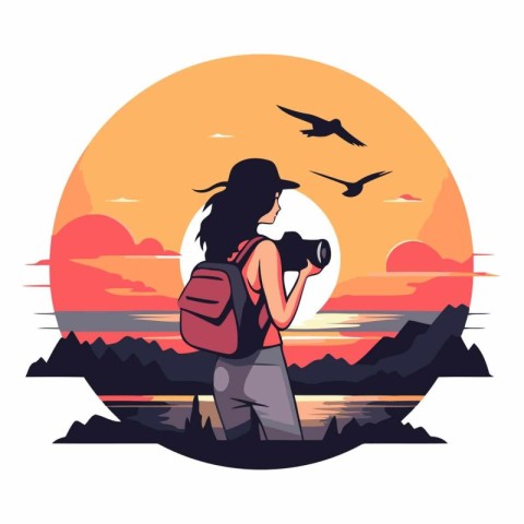 Photographer girl with camera on sunset background in flat style