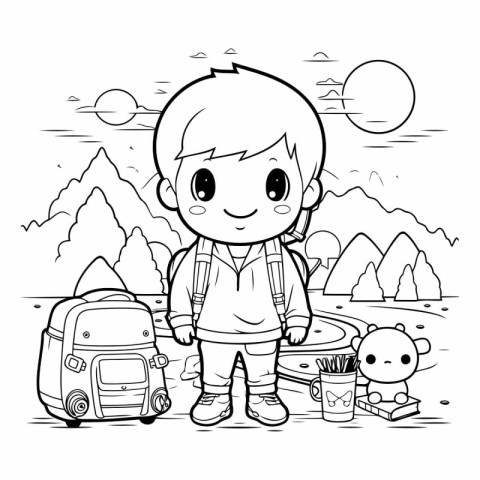 Outdoor Kid Traveling with Backpack and Car