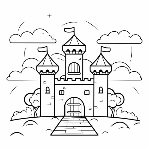 Castle in cartoon style. Black and white vector illustration for