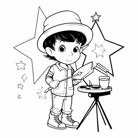 Boy playing with star and camera. Coloring page for kids.