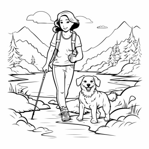 Hiking woman with dog. Black and white vector illustration for c