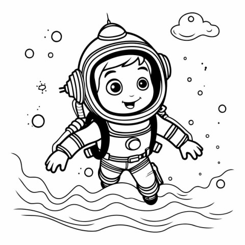 Cute cartoon astronaut in space suit. Black and white vector ill