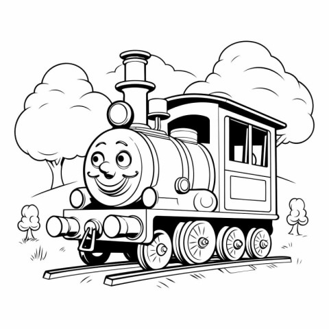 Black and White Cartoon Illustration of Funny Steam Locomotive C