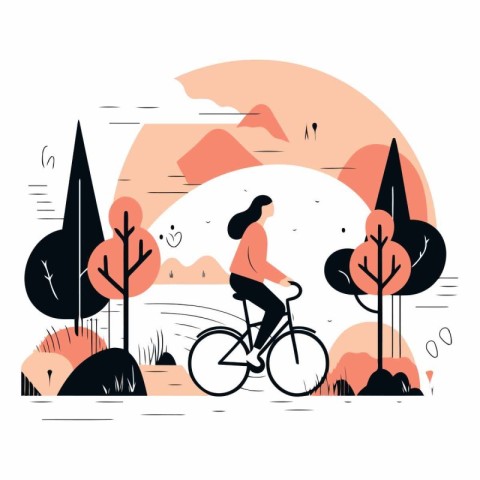 Woman riding bicycle in the park in flat style.