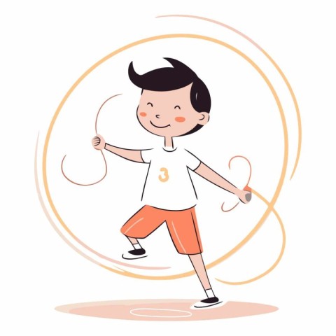 Cute little boy playing a jump rope. Cartoon vector illustration