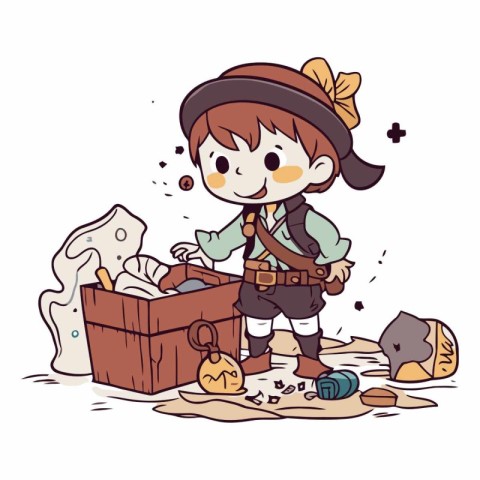 Illustration of a Little Girl Playing with a Treasure Chest Full