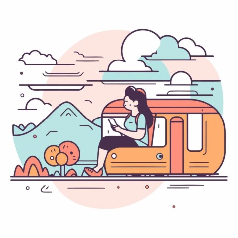 Traveling by train concept in flat linear style.