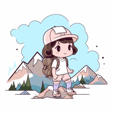 Cute little girl hiking in the mountains cartoon style.