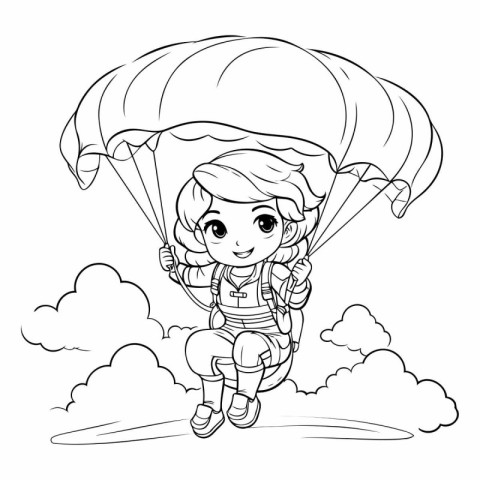 Coloring Page Outline Of a Cute Little Girl Parachutist