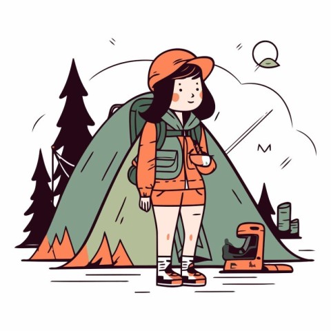 Vector illustration of a girl tourist with a backpack and tent i