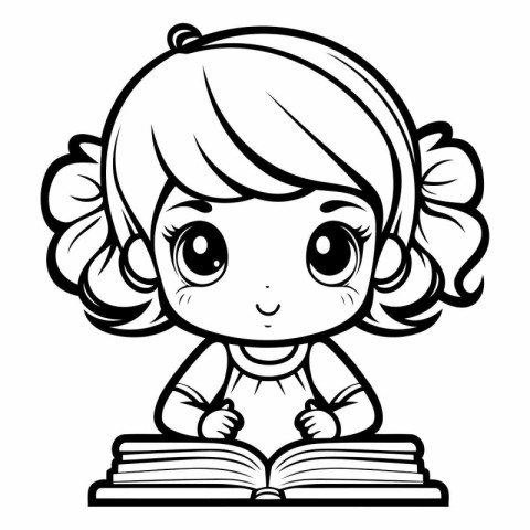 Cute Little Girl Reading Book - Black and White Cartoon Illustra