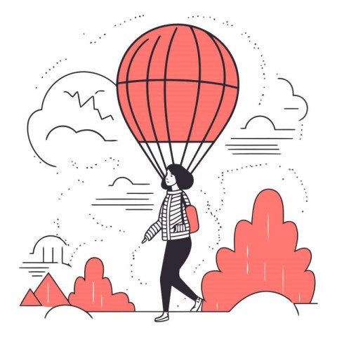 Vector illustration of young woman flying on hot air balloon in