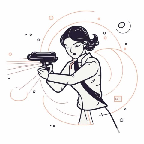 Woman with a gun. Hand drawn vector illustration in sketch style