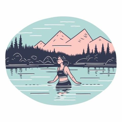 Vector illustration of a girl in a swimsuit on the shore of a mo