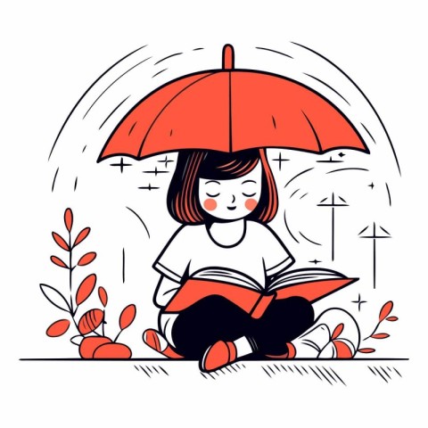 Girl reading a book under an umbrella in sketch style.