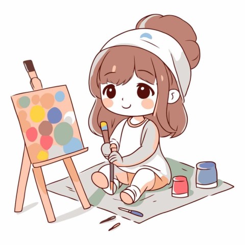 Illustration of a Cute Little Girl Painting on an Easel