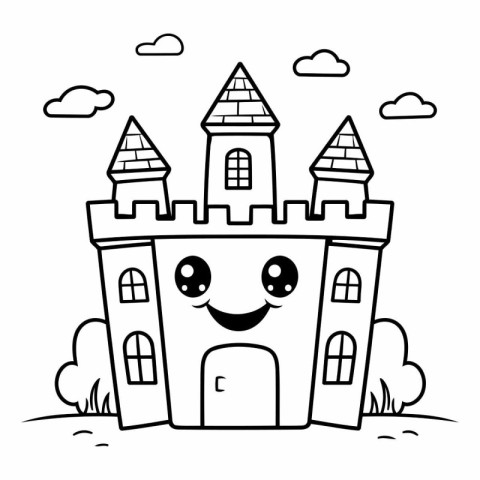 Cute castle in the park. Black and white vector illustration.