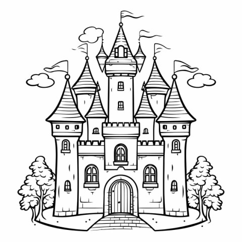 Fairytale castle in the forest. Black and white vector illustrat