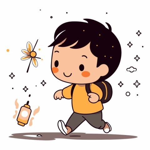 Vector illustration of a boy running with a backpack and a bottl