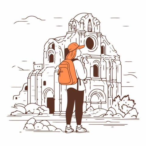 Girl tourist with backpack in front of the church.