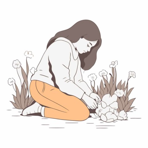 Illustration of a woman sitting on the ground and planting flowe