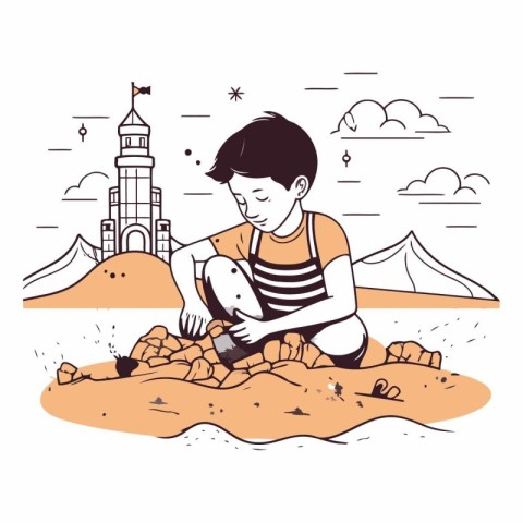 Boy building sand castle. Vector hand drawn illustration in cart