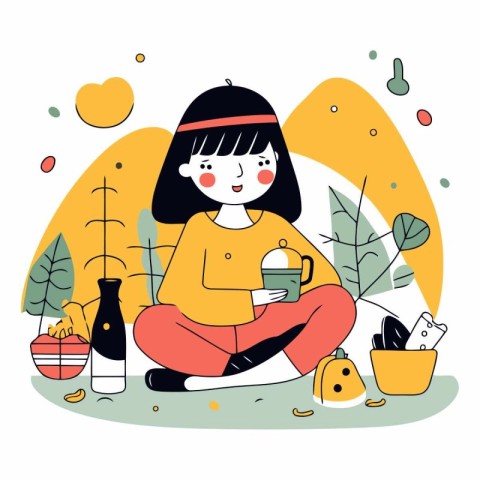 Cute girl drinking tea in flat cartoon style.