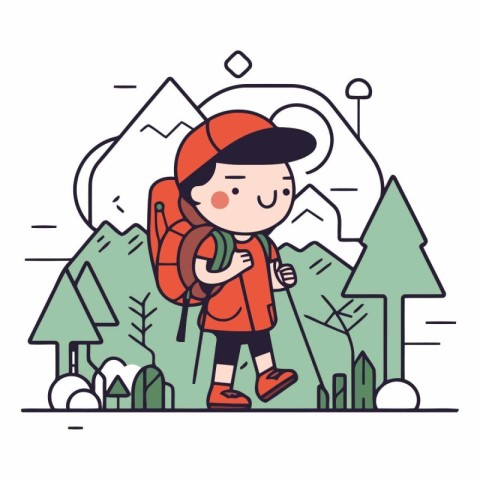 Cute boy with backpack hiking in the forest.