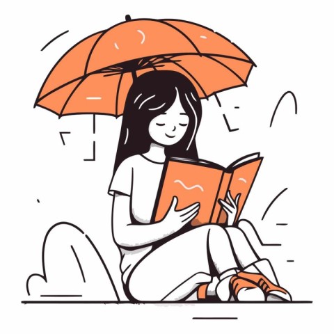 Girl reading a book under an umbrella in doodle style.