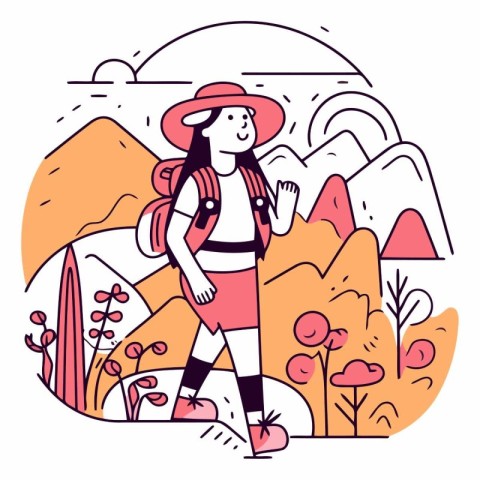 Tourist girl with backpack and hat in the mountains