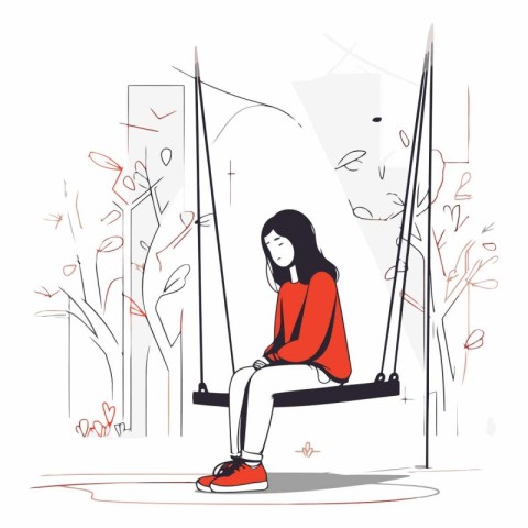 Girl sitting on a swing in the park in sketch style.