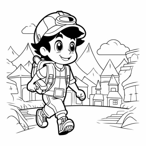 Hiking boy with backpack - black and white vector illustration f