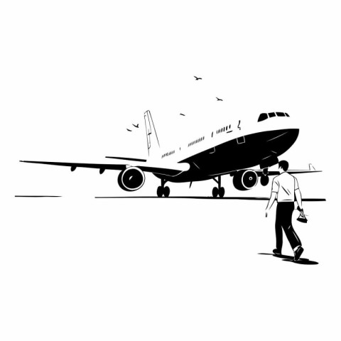 Airplane landing vector illustration on white background. Side v