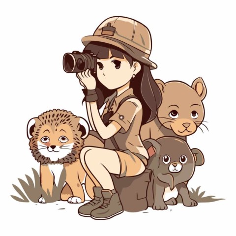 Vector illustration of a girl with a camera and a group of wild